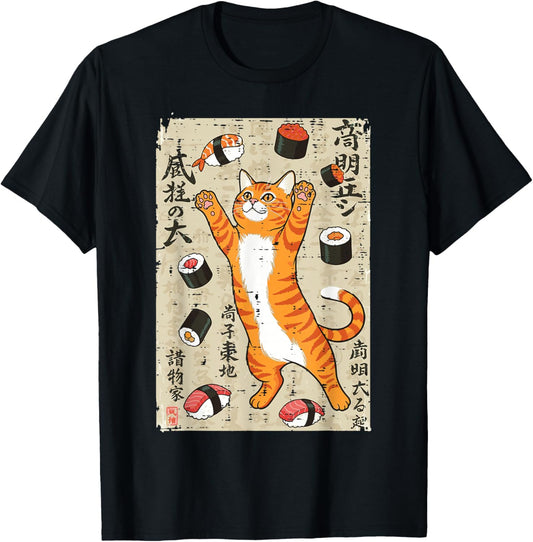 Japanese Cat Jumping Sushi Ukiyo-e Art Food Women Men Kids T-Shirt - T-Shirt | Black