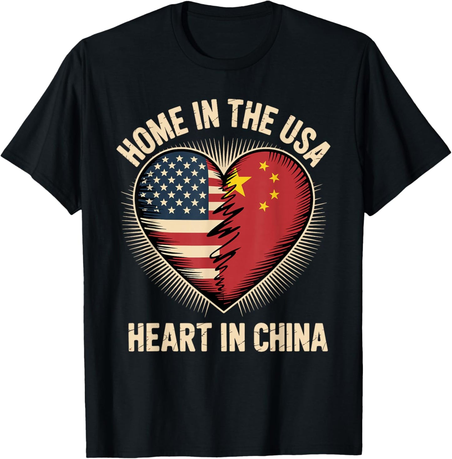 Home in The USA Heart in China American Chinese America T-Shirt - T-Shirt | Black