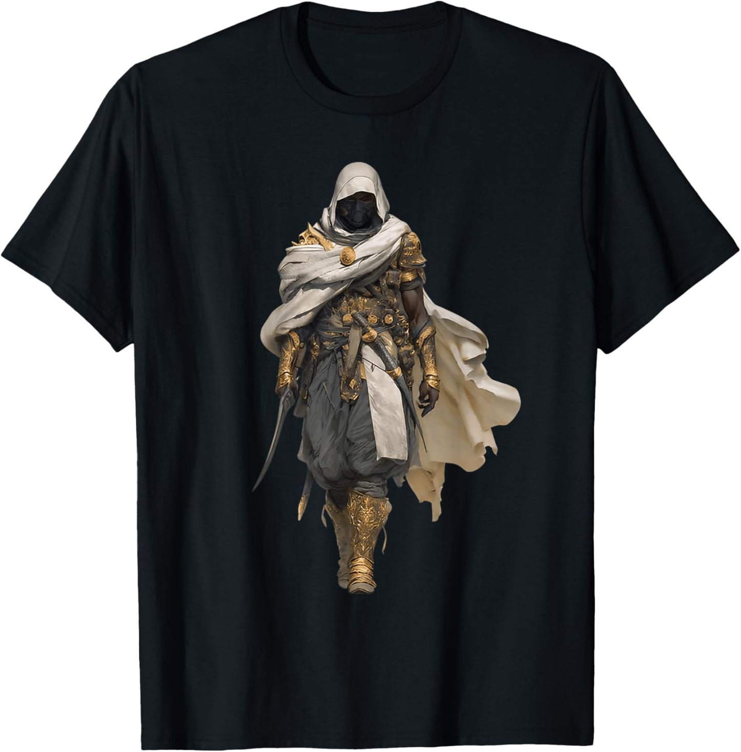 African Assassin Cloaked Desert Warrior White Cape Mythic T-Shirt - T-Shirt | Black