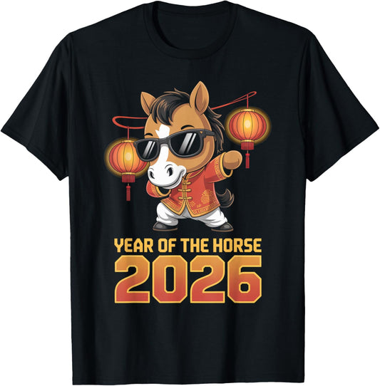 Year of The Horse 2026 Dab Dance Horse Lanterns Kids Men T-Shirt - T-Shirt | Black