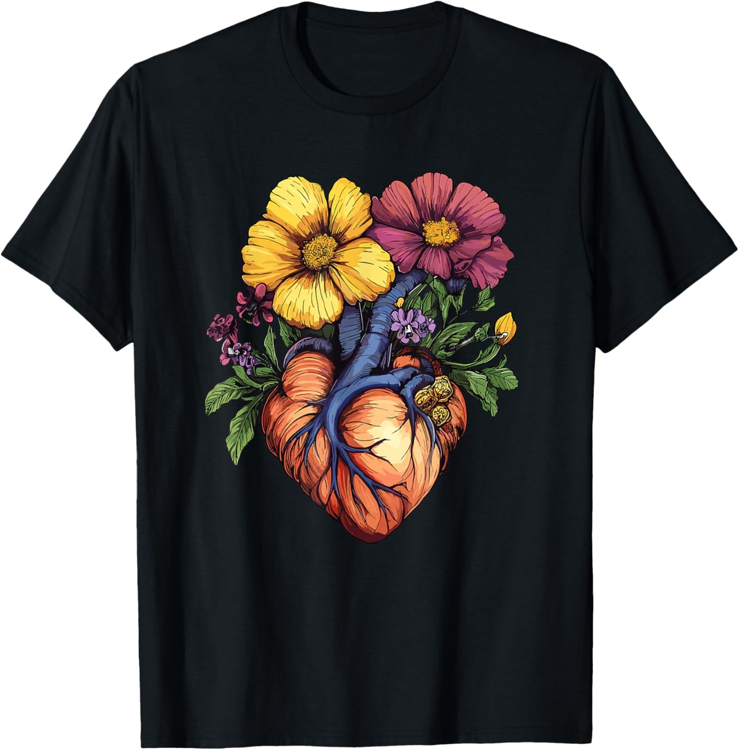 Floral Heart Anatomy with Blooming Vessels T-Shirt - T-Shirt | Black