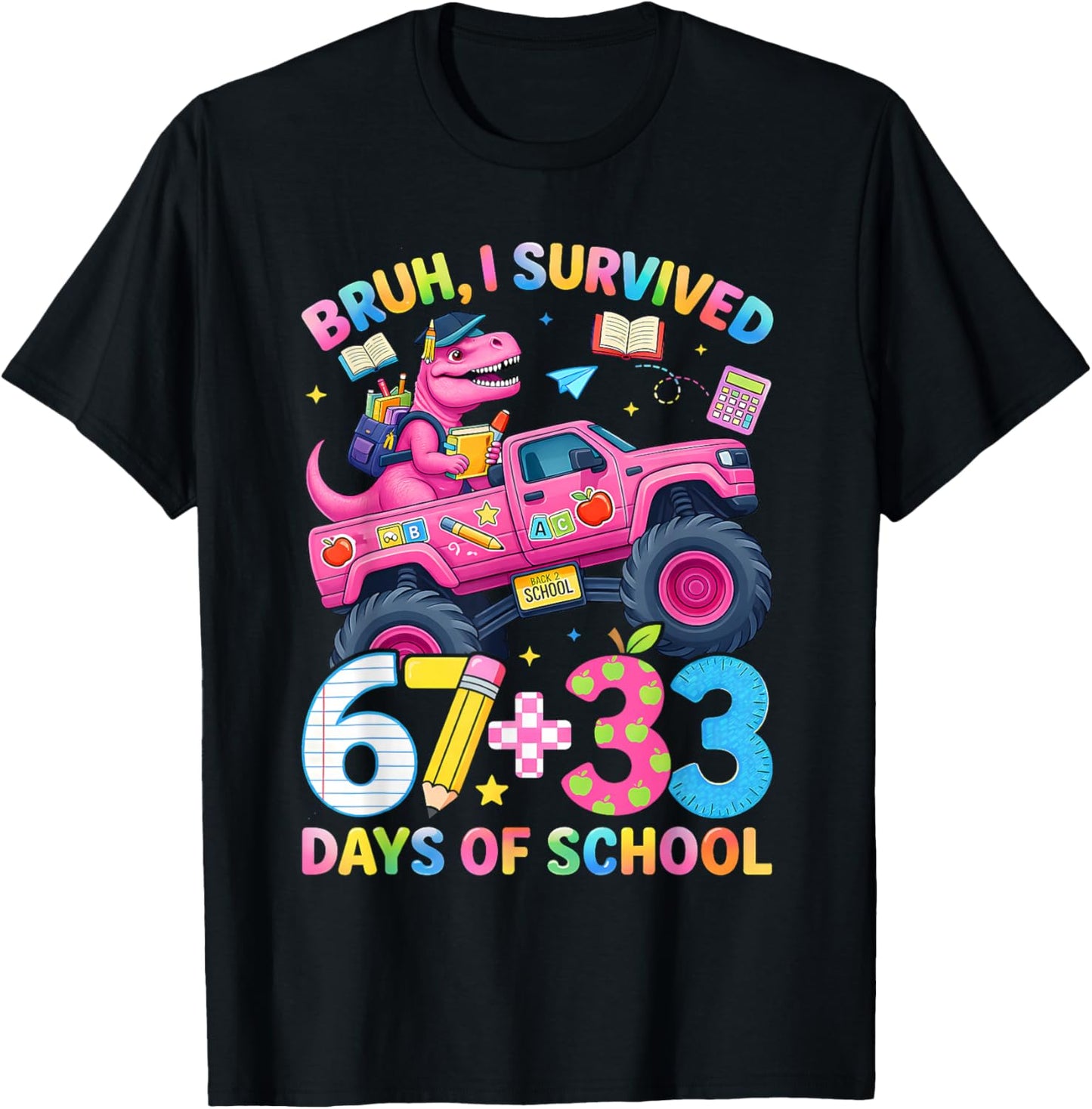 Bruh I Survived 67 33 Days of School Boy Kids 100th Day Trex T-Shirt - T-Shirt | Black