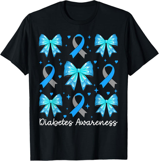 Diabetes Awareness Month Blue Ribbon Coquette Bow Women Girl T-Shirt - T-Shirt | Black
