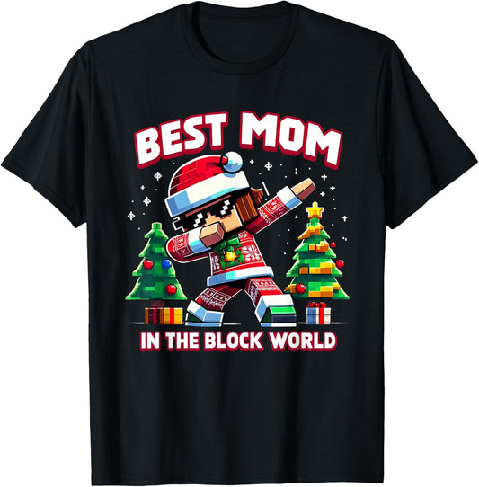 Best Mom in The Block World Christmas Pixel Gamer Gift T-Shirt - T-Shirt | Black