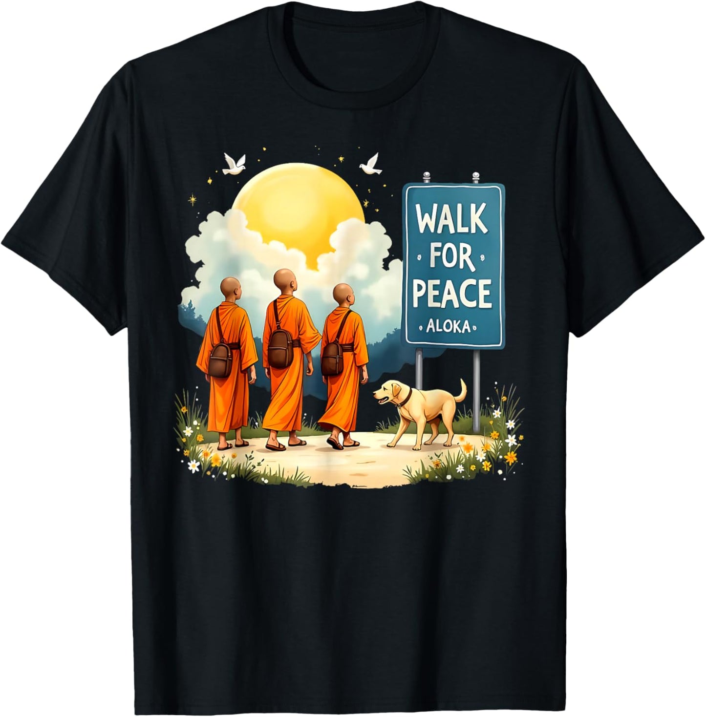Retro Walk for Peace Monks with Aloka Dog Minimalist Zen Art T-Shirt - T-Shirt | Black