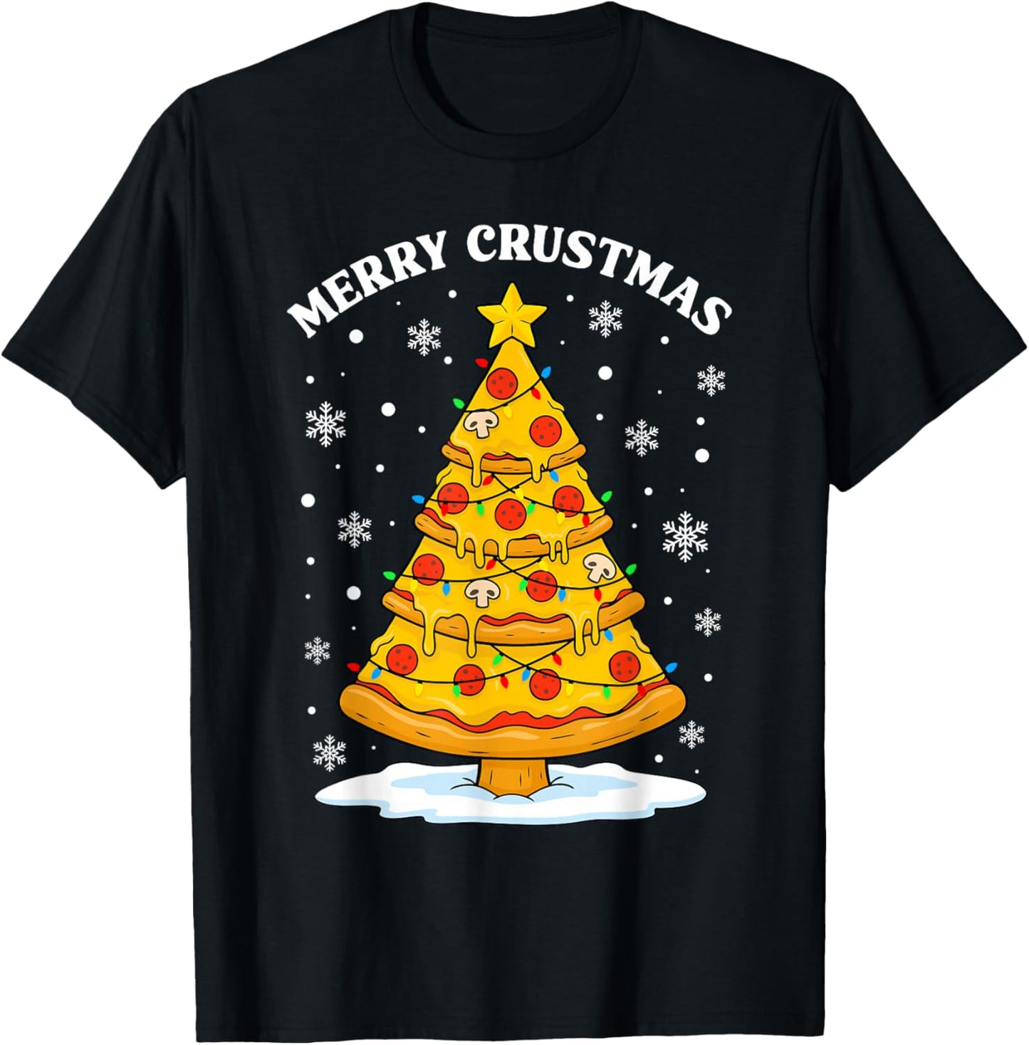 Merry Crustmas Pizza Christmas Tree Lights Food Xmas Holiday T-Shirt - T-Shirt | Black