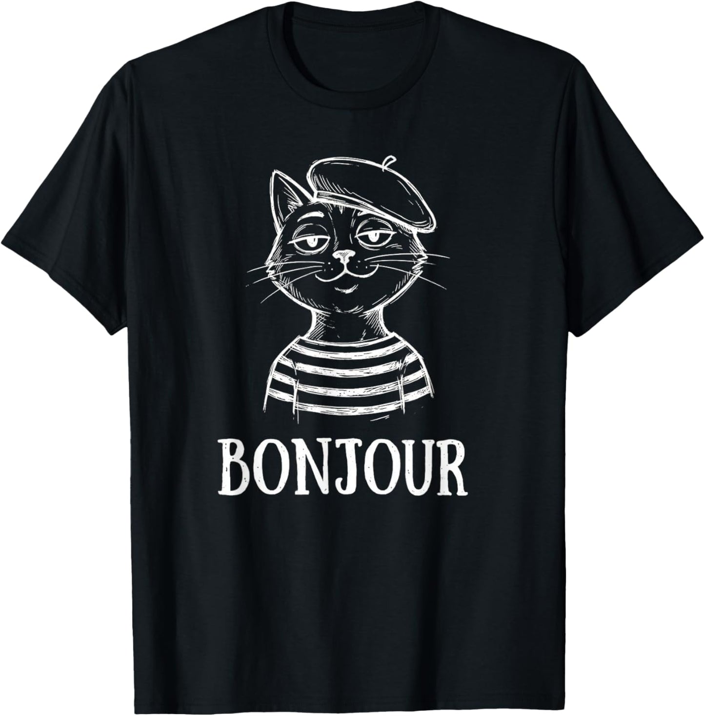 Bonjour French Cat Beret Sketch Travel Souvenir T-Shirt - T-Shirt | Black