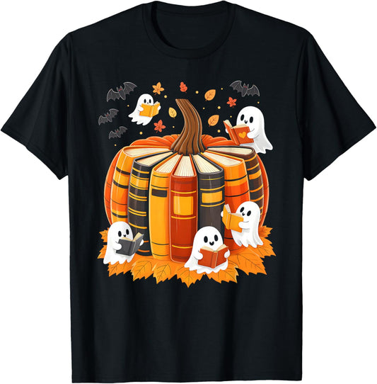 Ghost Reading Book Lovers Fall Pumpkin Autumn Halloween T-Shirt - T-Shirt | Black