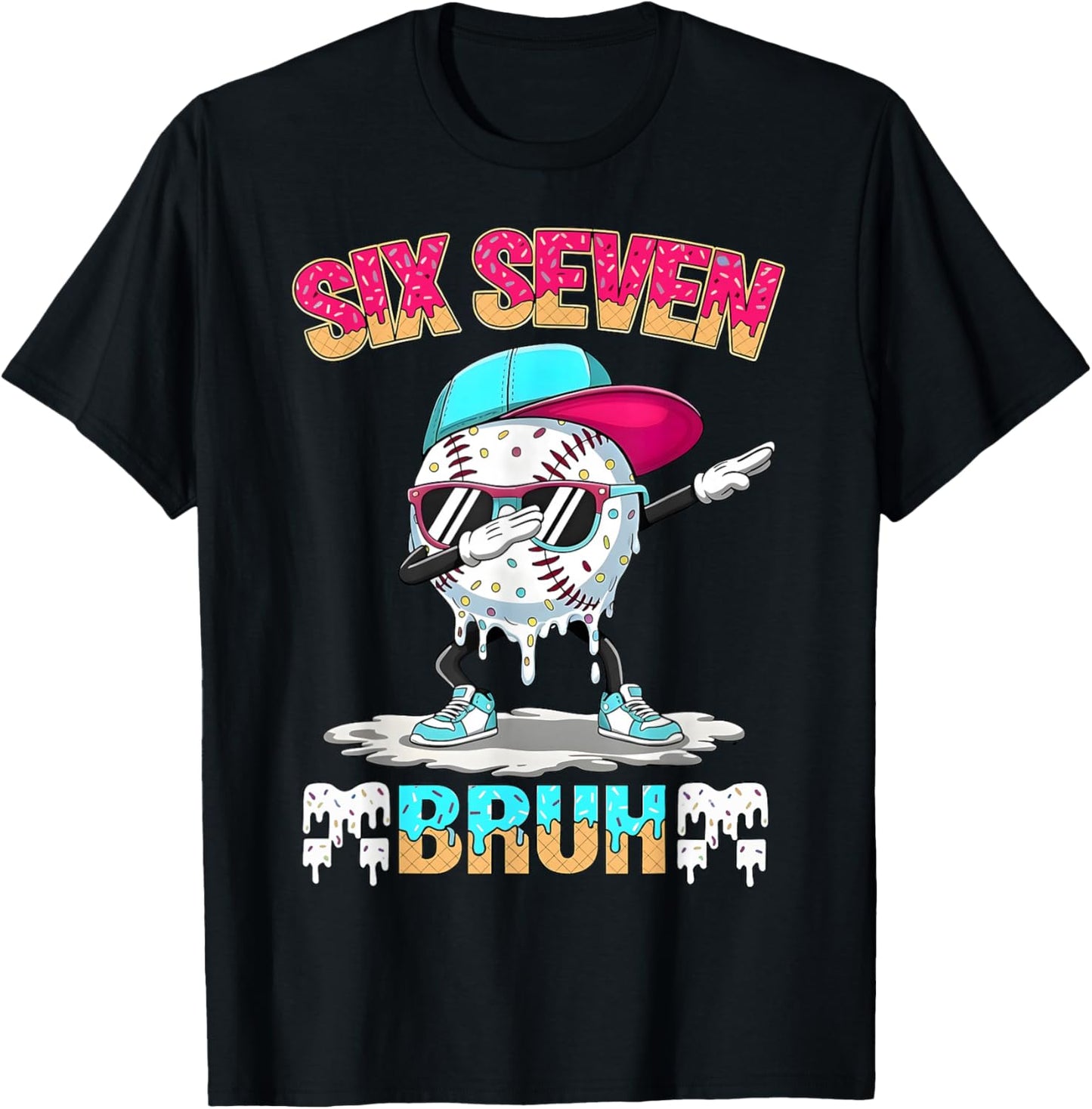 Six Seven 67 Meme Ice Cream Drip Baseball Dabbing Boy Kids T-Shirt - T-Shirt | Black