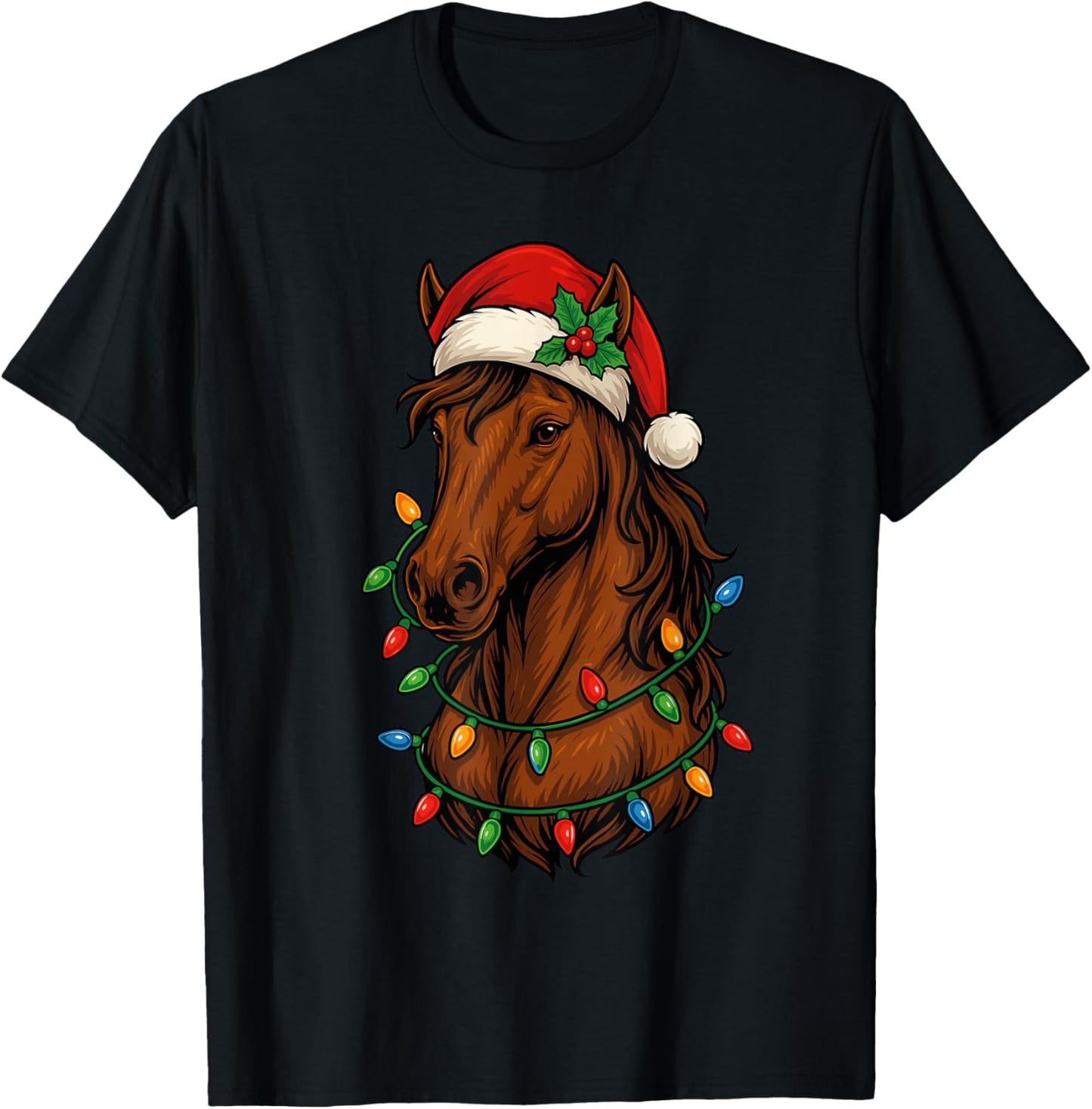 Horse Christmas Tree Lights Pajamas Girls Boys Xmas Horse T-Shirt - T-Shirt | Black
