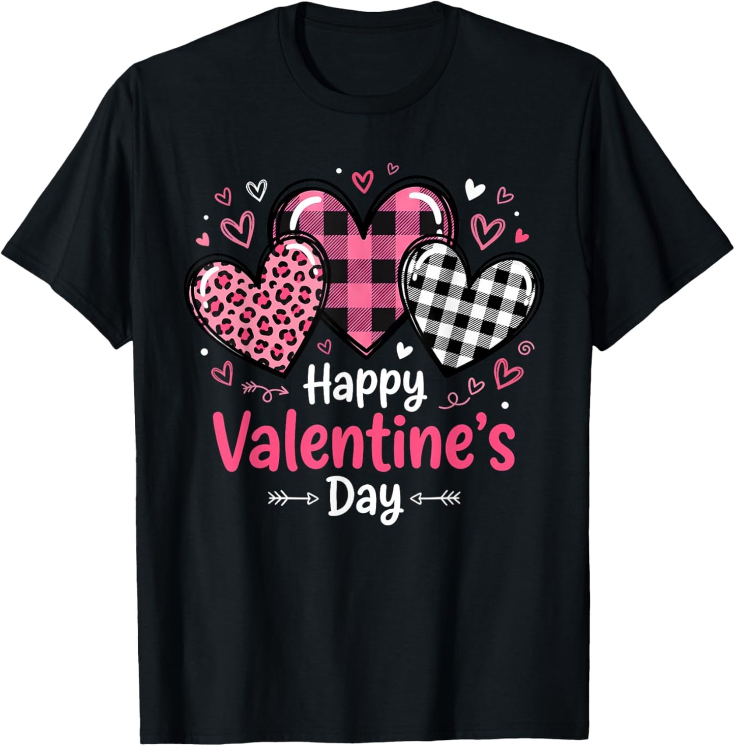 Happy Valentines Day Leopard and Plaid Love Hearts Women T-Shirt - T-Shirt | Black