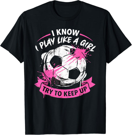 Play Like a Girl Pink Soccer Splatter Distressed Sports Art T-Shirt - T-Shirt | Black