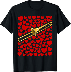 Trombone with Hearts Trombonist Valentines Wedding Musician T-Shirt - T-Shirt | Black