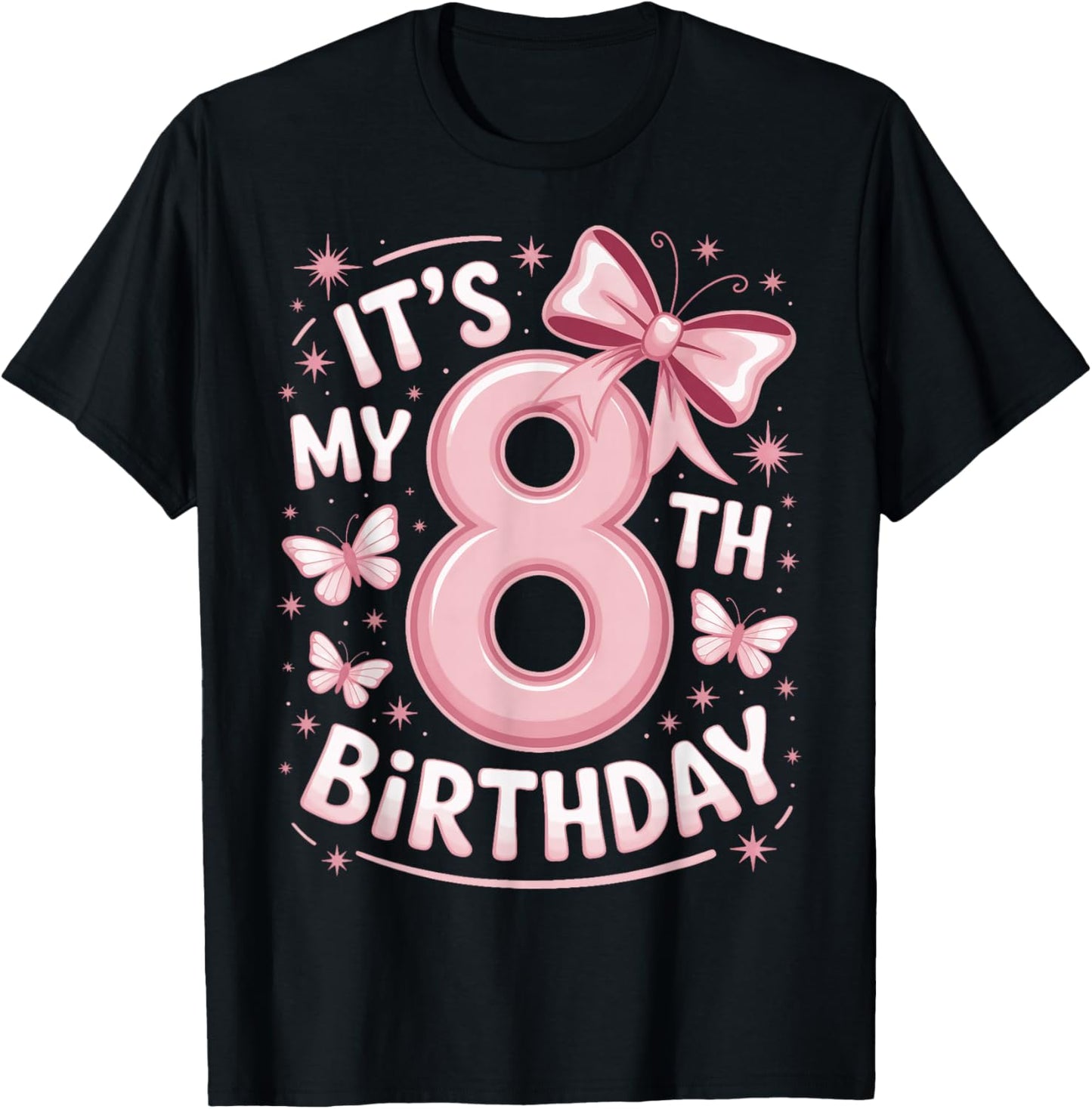 It's My 8th Birthday Pink Bow Girl Party T-Shirt - T-Shirt | Black