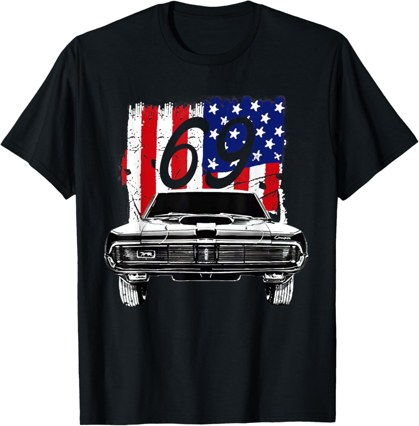 1969 69 Mercury Cougar Red Classic Vintage Old Car USA Flag T-Shirt - T-Shirt | Black