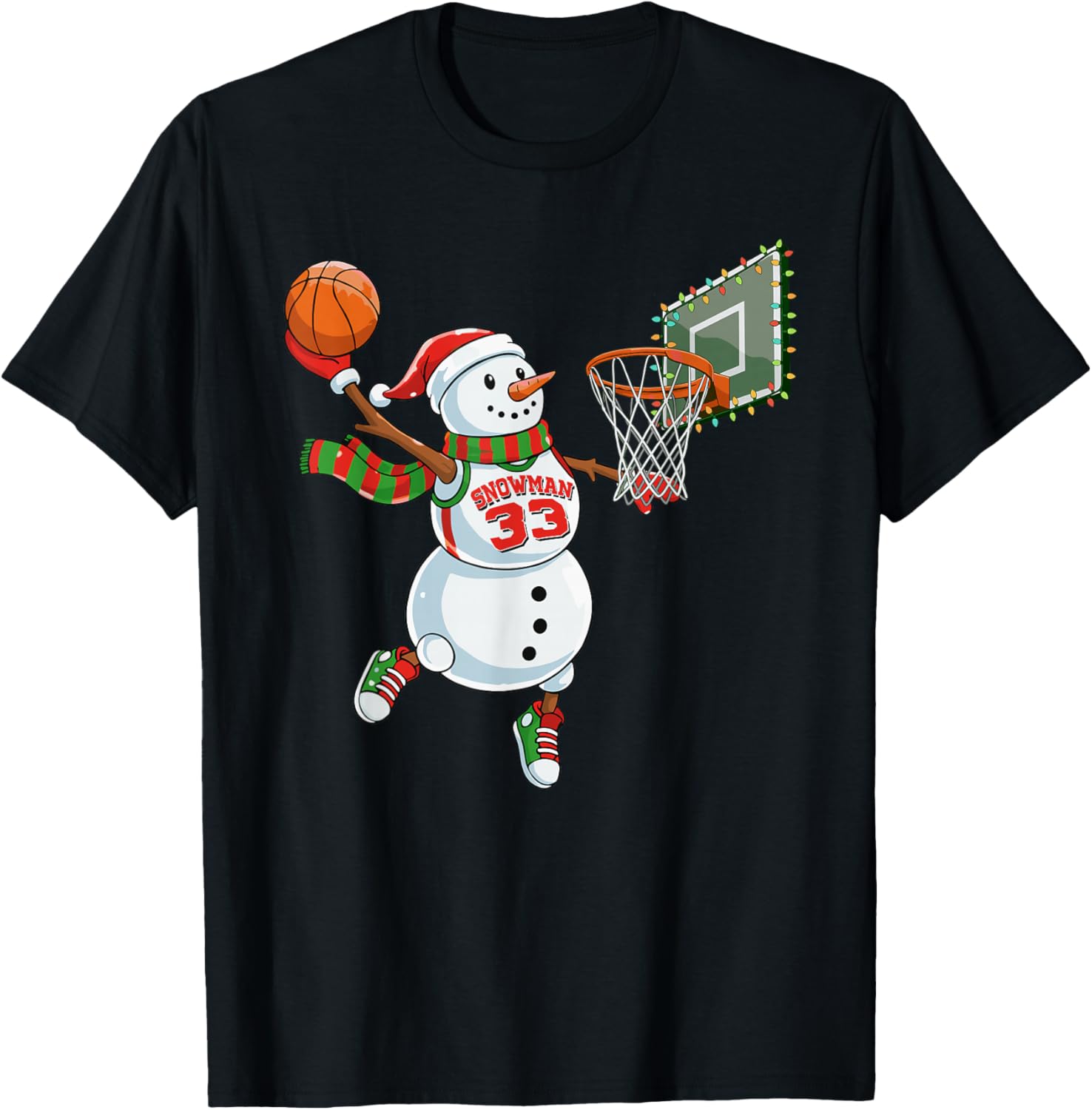 Funny Snowman Playing Basketball Christmas Dunking Graphic T-Shirt - T-Shirt | Black