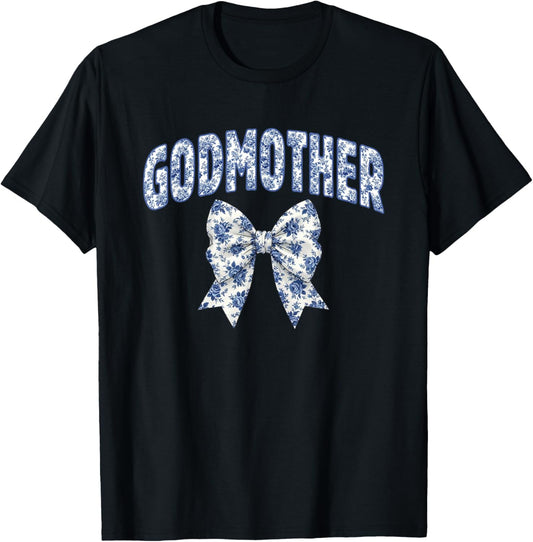 Godmother Coquette Toile Blue Bow Floral Family Matching T-Shirt - T-Shirt | Black