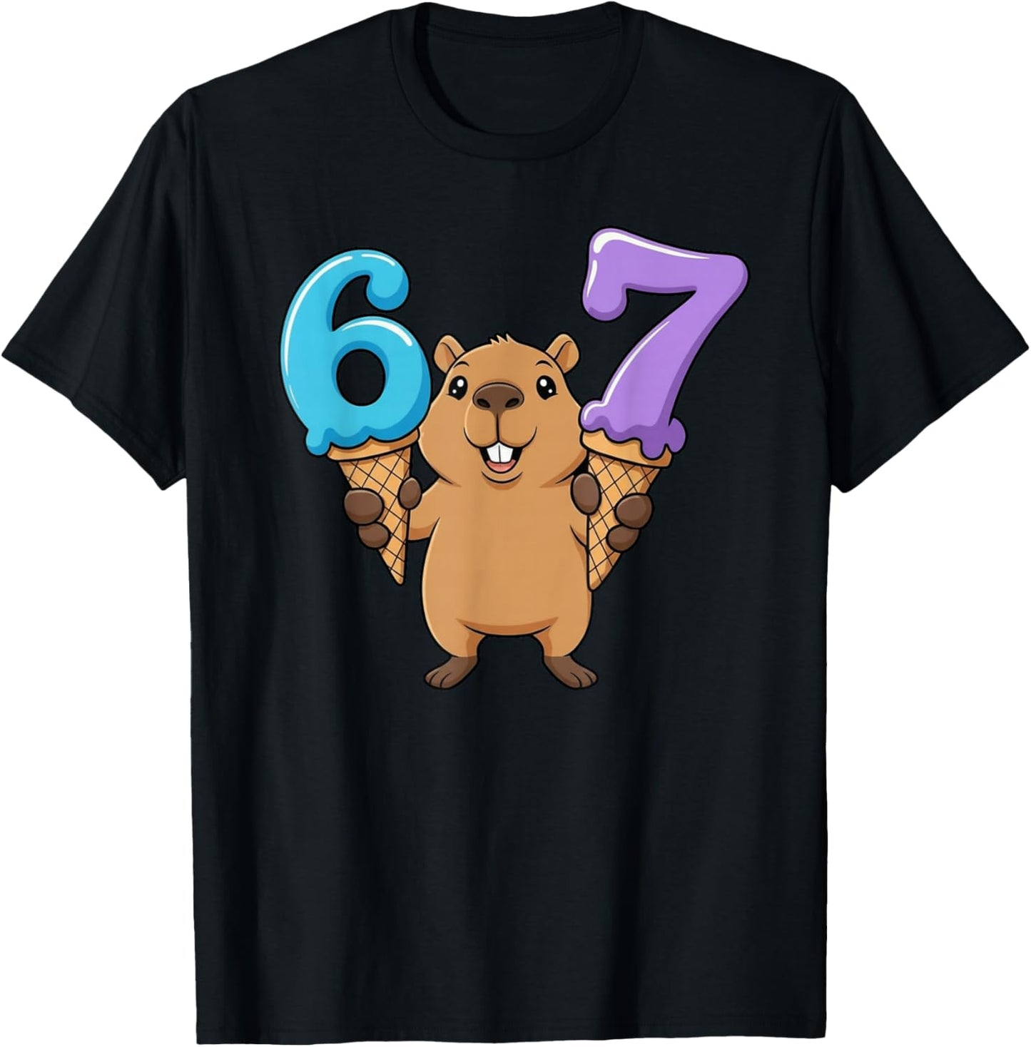 67 Capybara Six Seven Ice Cream Drip Funny T-Shirt - T-Shirt | Black