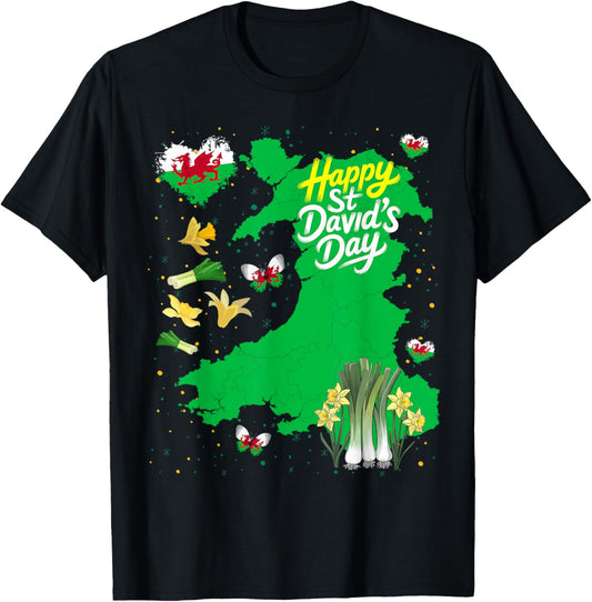 St Davids Day Costume Idea for Kids Welsh Flag & Daffodils T-Shirt - T-Shirt | Black
