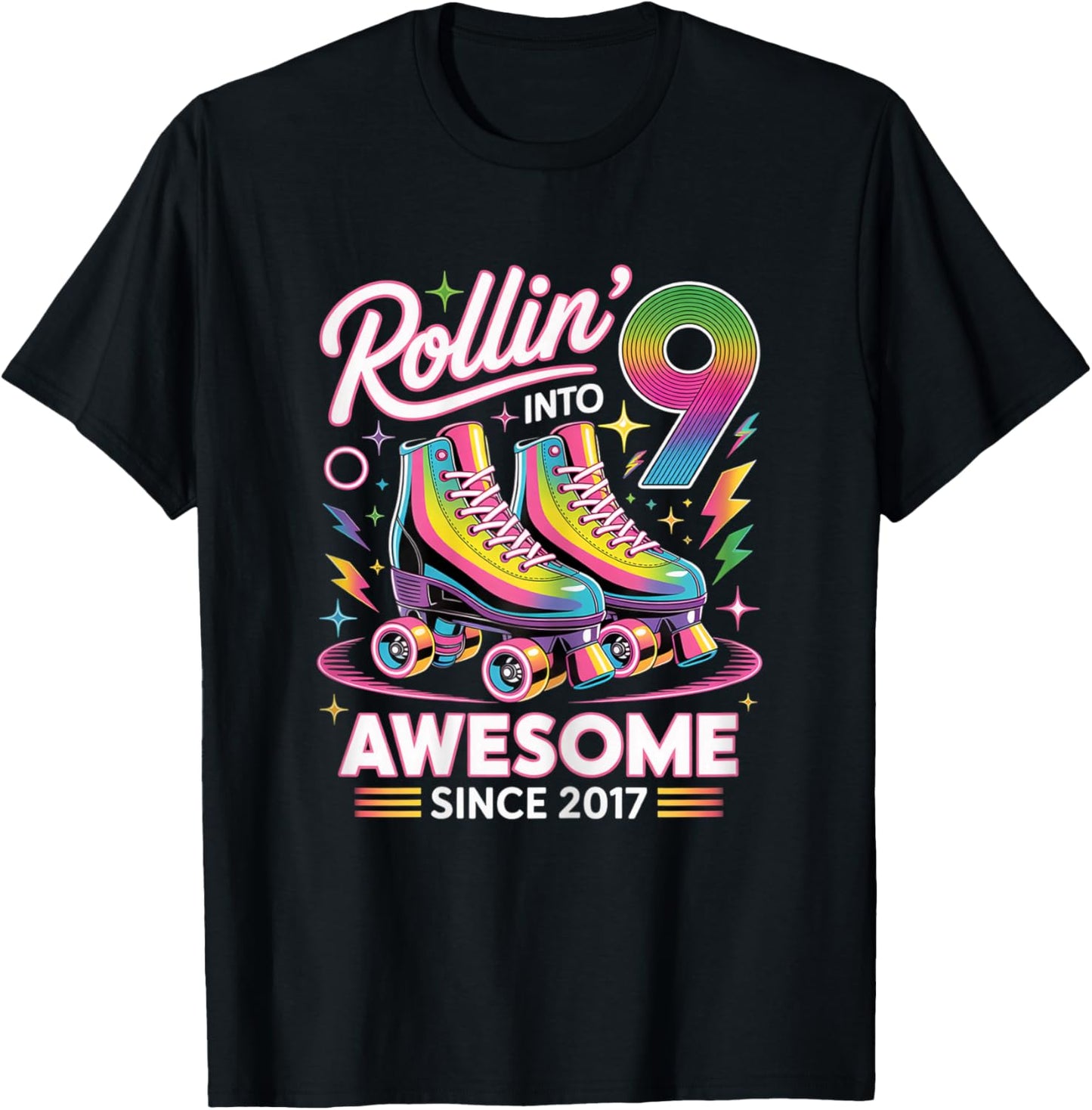 9th Birthday Girl Nine 9 Year Old Roller Skate Skating T-Shirt - T-Shirt | Black