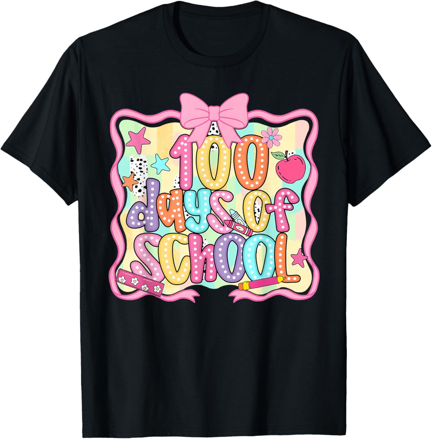 Preppy 100th Day of School 100 Days Teacher Kid Coquette Bow T-Shirt - T-Shirt | Black