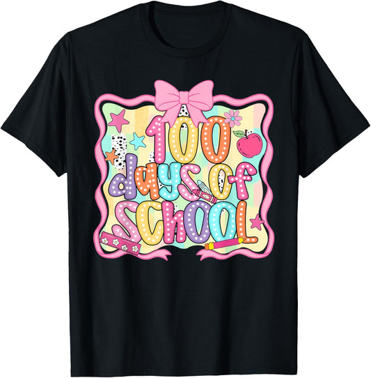 Preppy 100th Day of School 100 Days Teacher Kid Coquette Bow T-Shirt - T-Shirt | Black
