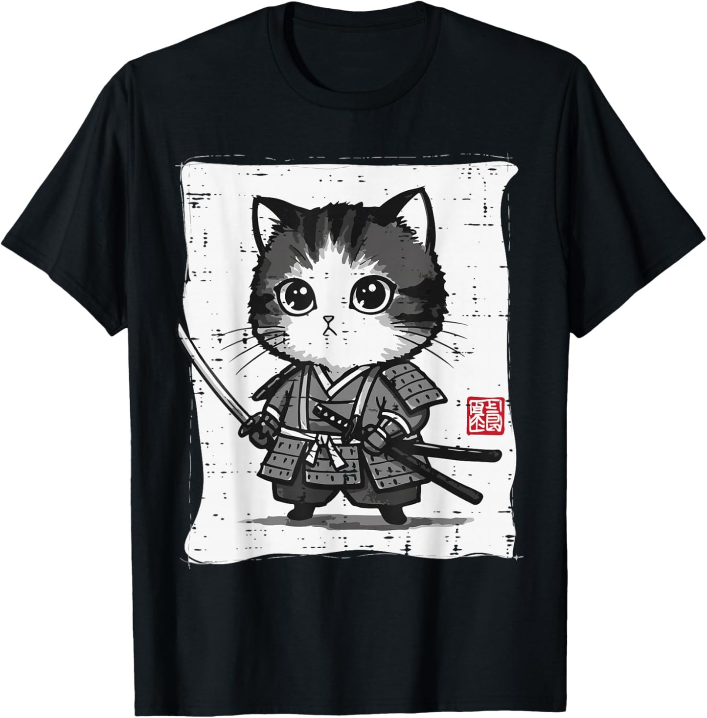 Japanese Cat Kitten Samurai Kawaii Art Women Girls Kids Men T-Shirt - T-Shirt | Black