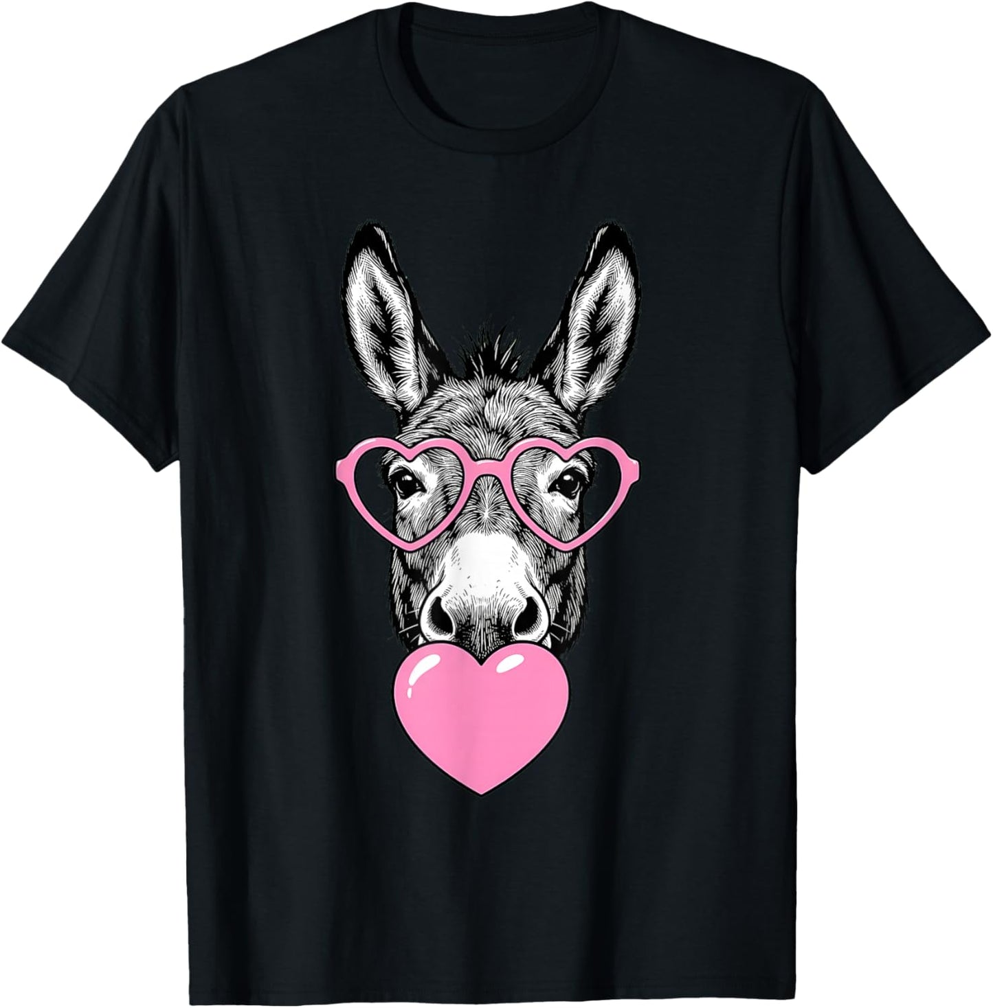 Cute Donkey Blowing Pink Valentine Heart Bubble Gum T-Shirt - T-Shirt | Black