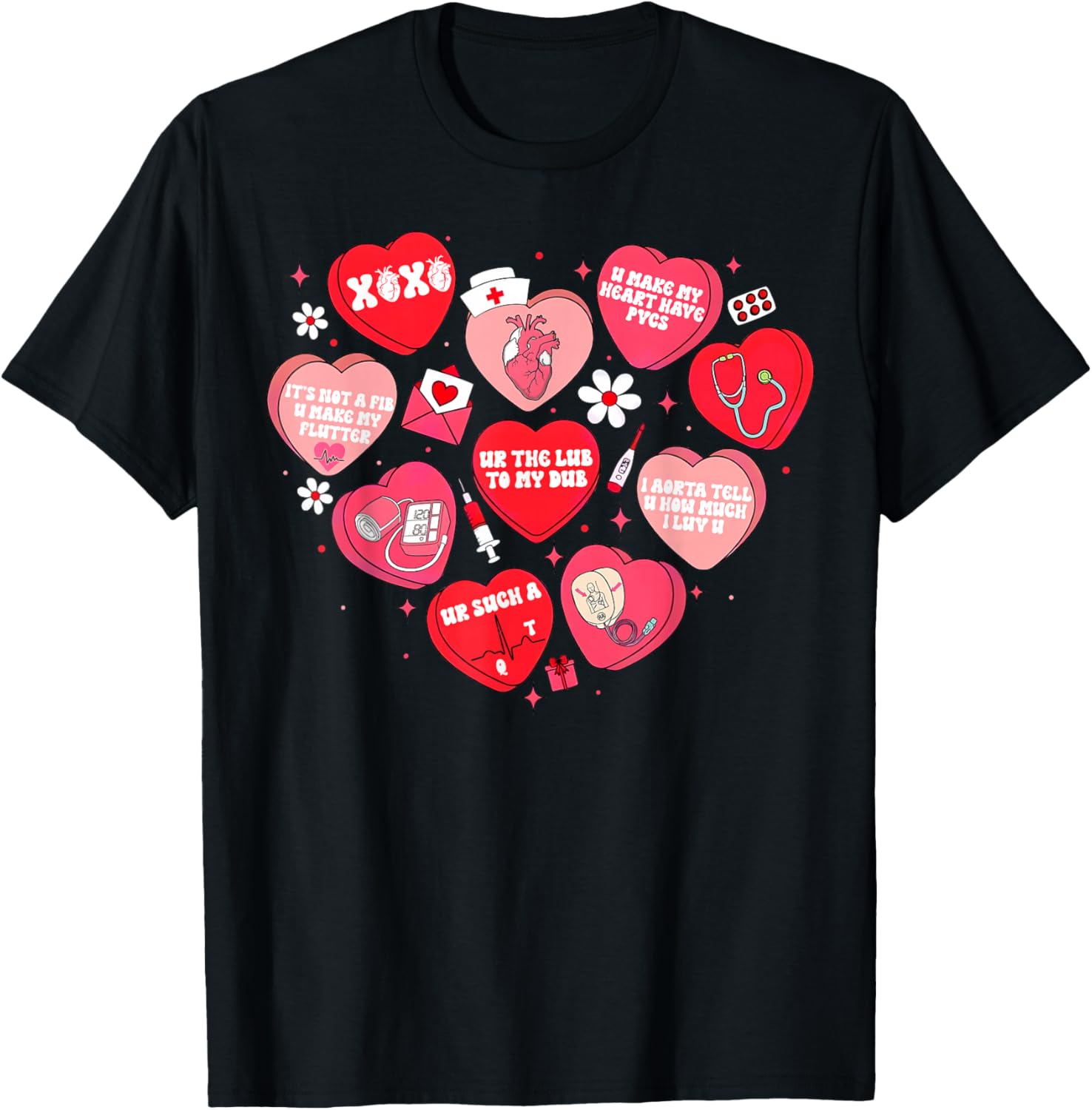 Cardiac Crew Nurse Valentine Nurses Retro Candy Heart T-Shirt - T-Shirt | Black