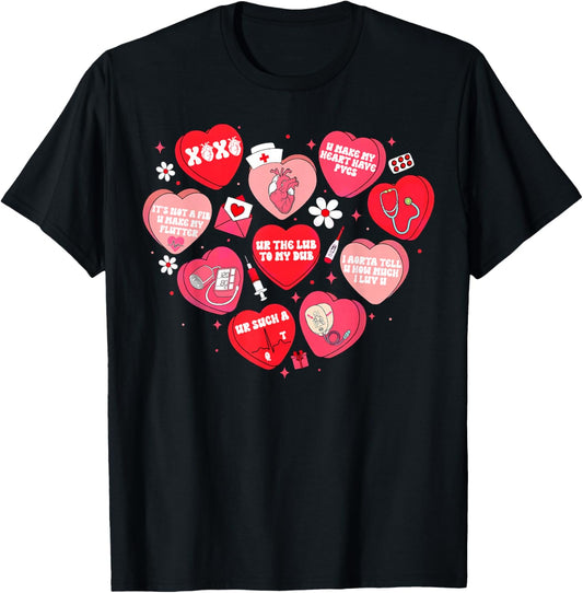 Cardiac Crew Nurse Valentine Nurses Retro Candy Heart T-Shirt - T-Shirt | Black