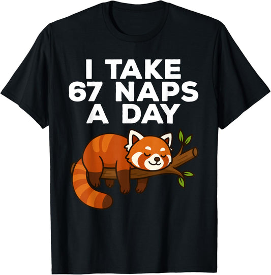 I Take 67 Naps A Day Funny Red Panda Meme Six Seven T-Shirt - T-Shirt | Black