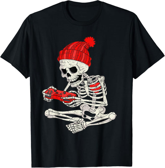 Funny Boys Valentines Skeleton Gamer Video Games Gaming T-Shirt - T-Shirt | Black