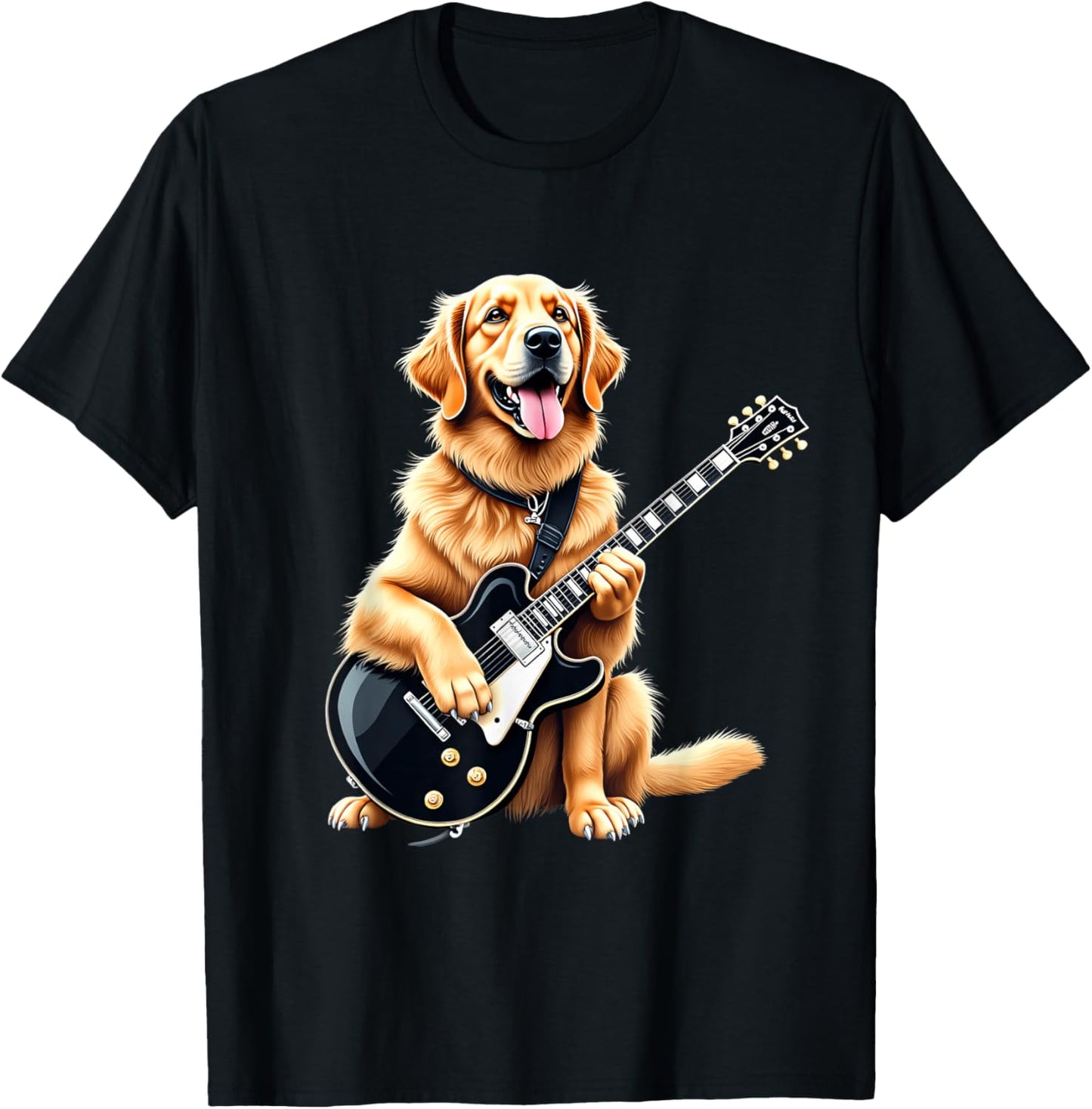 Funny Golden Retriever Playing Electric Guitar Music Lovers T-Shirt - T-Shirt | Black