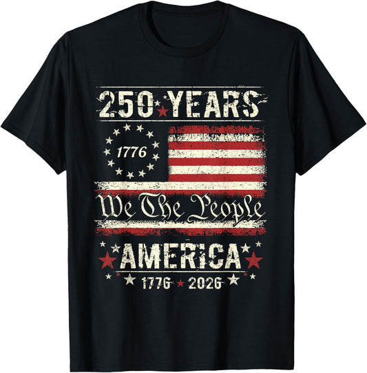 Flag Vintage 250 Years American 1776 2026 250th USA Birthday T-Shirt - T-Shirt | Black