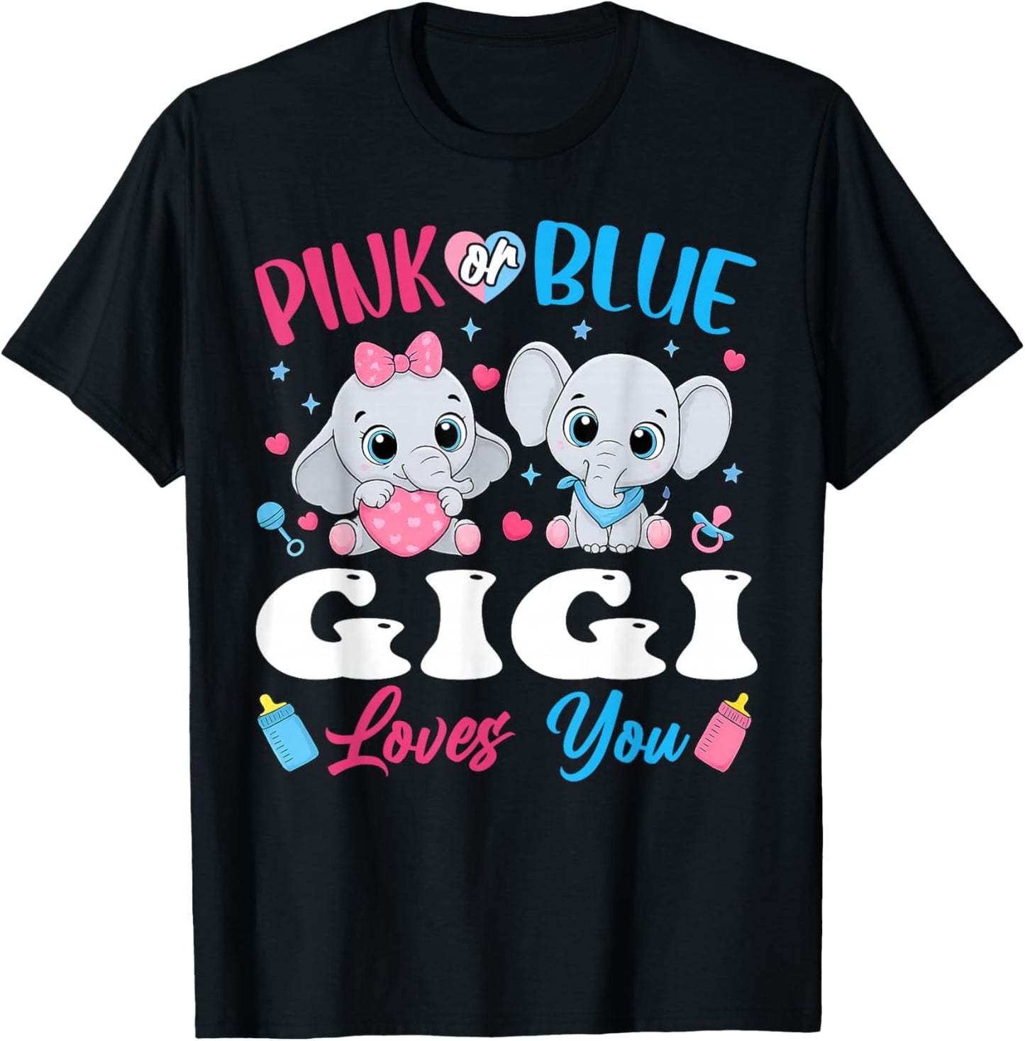 Pink or Blue Gigi Loves You Gender Reveal Elephant T-Shirt - T-Shirt | Black