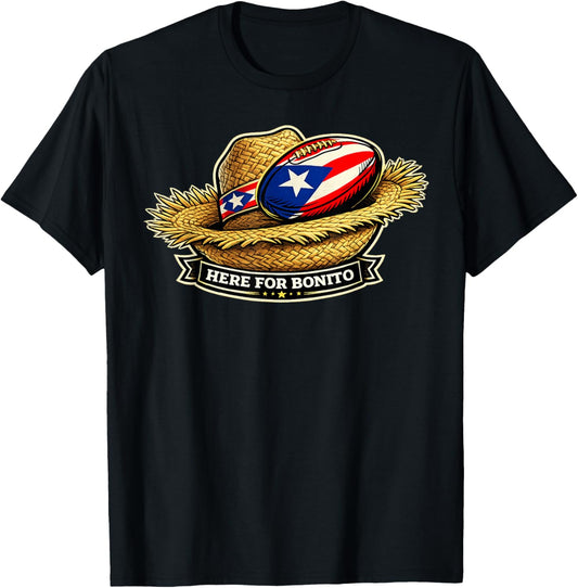 Here for Bonito Graphic, Straw Hat Football Badge Design T-Shirt - T-Shirt | Black