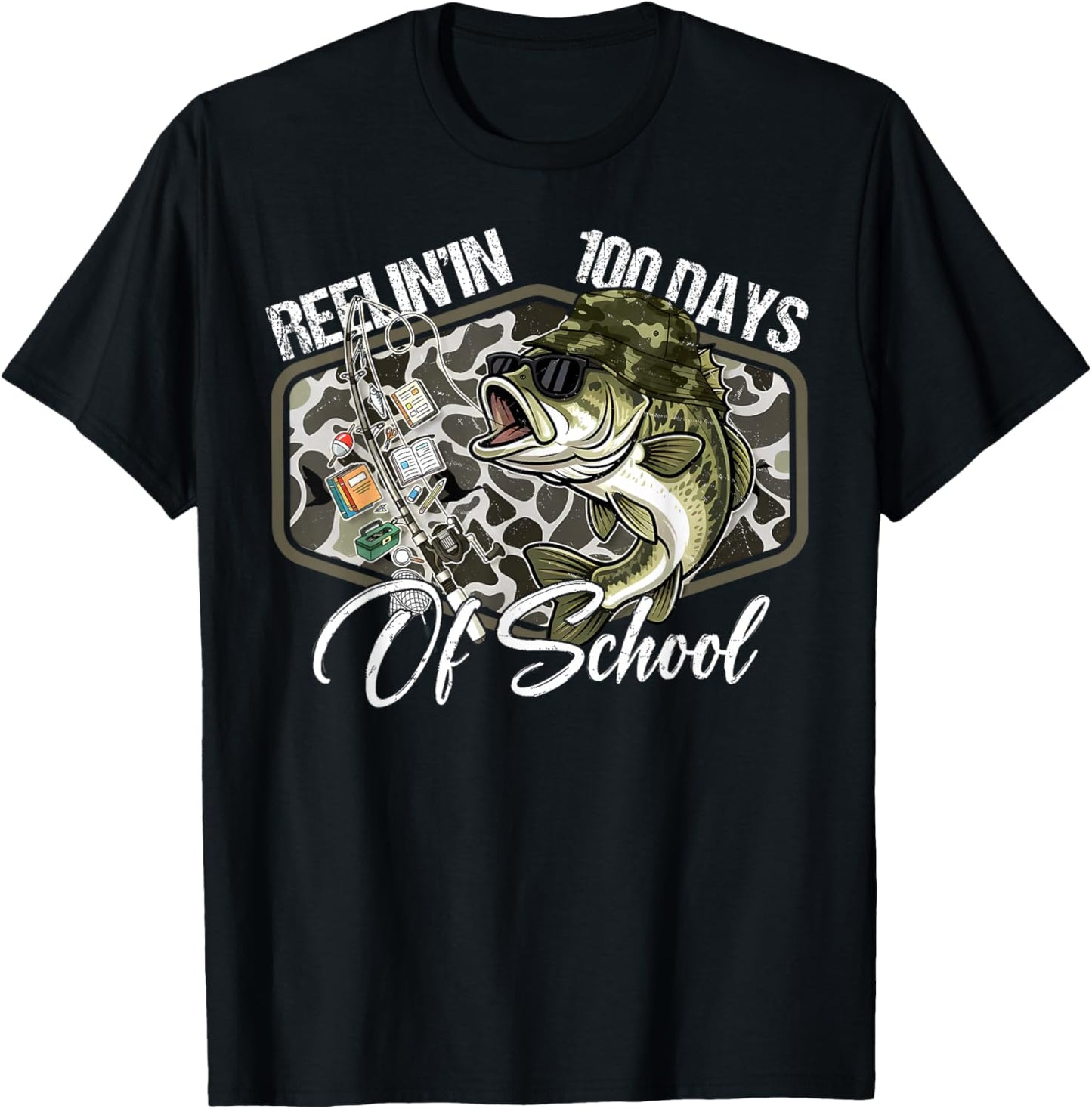 Retro Reelin’ in 100 Days of School Camo Bass Fishing Boys T-Shirt - T-Shirt | Black