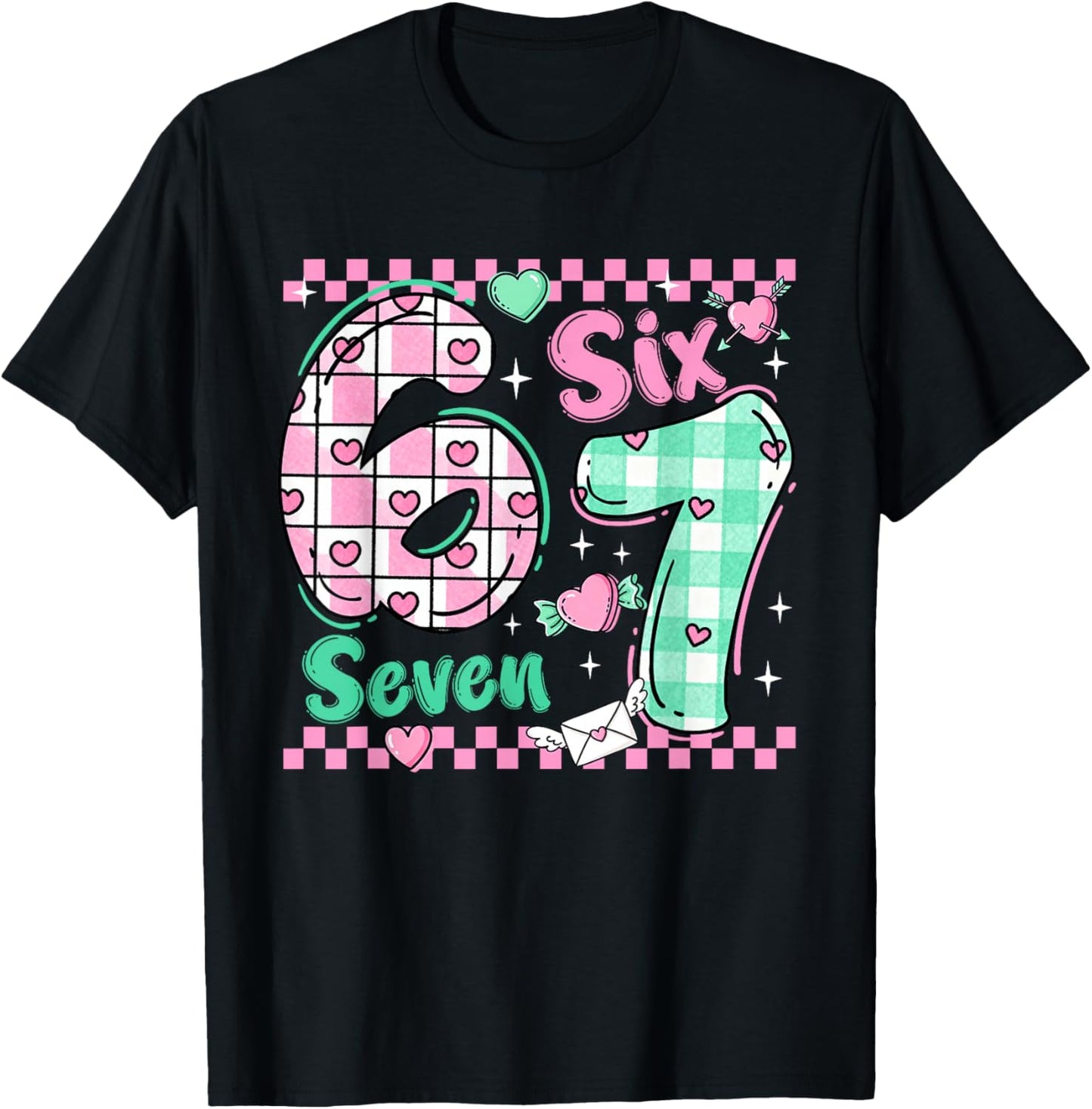 Checkered 67 Meme Six Seven Viral Number Valentines Girl Kid T-Shirt - T-Shirt | Black