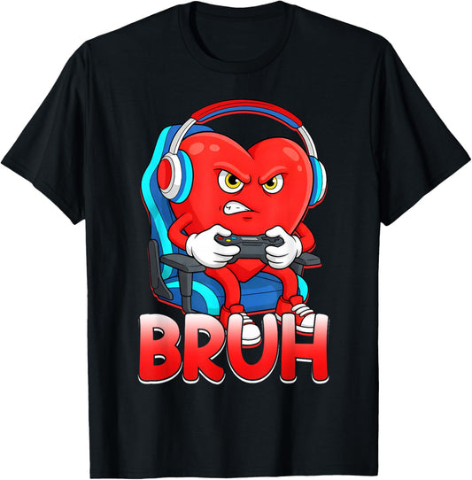 Bruh Valentines Day Heart Gamer Video Gaming Boys Men Kids T-Shirt - T-Shirt | Black