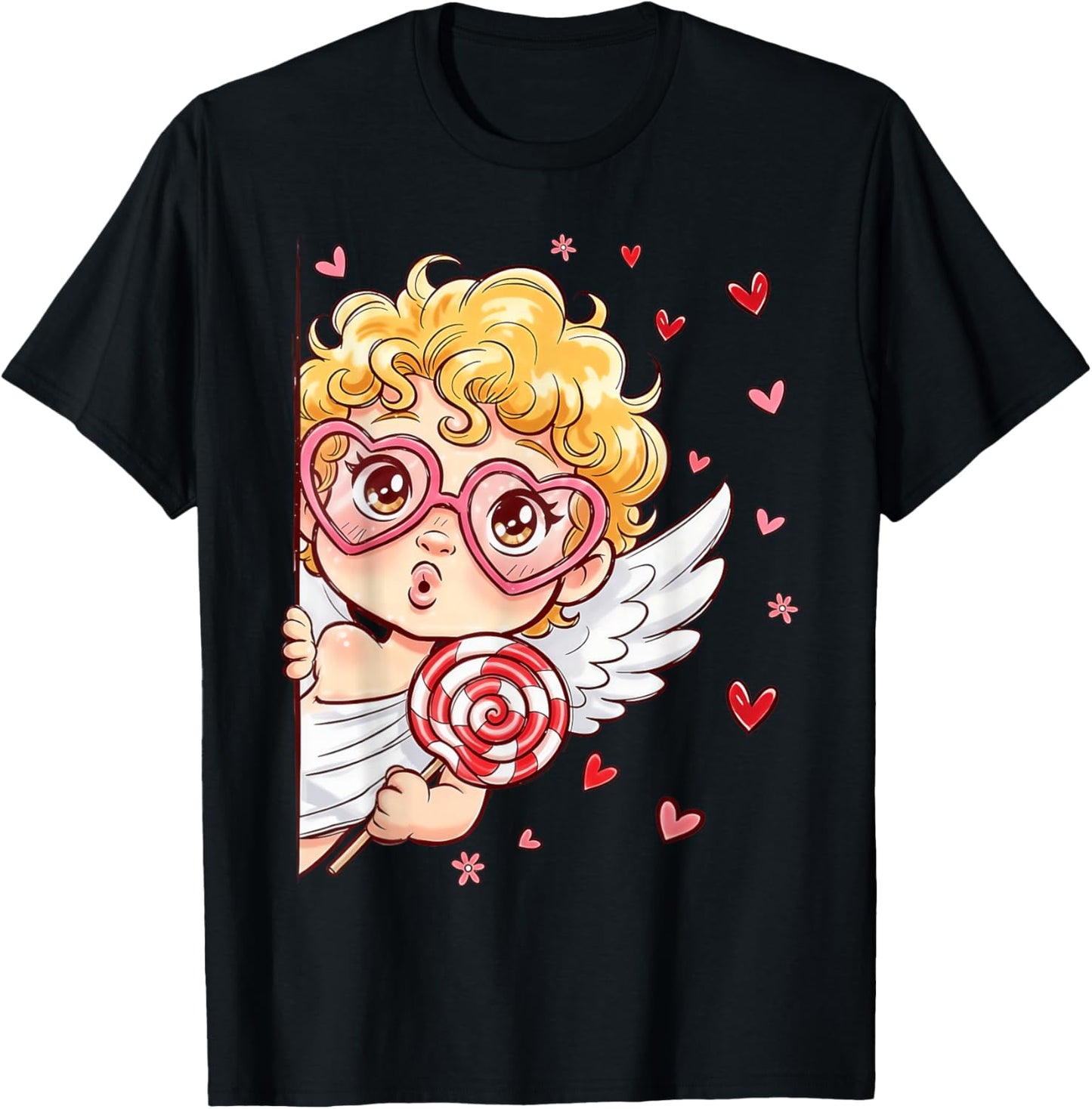 Retro Cupid Cute Heart Sunglasses Happy Valentine Men Women T-Shirt - T-Shirt | Black