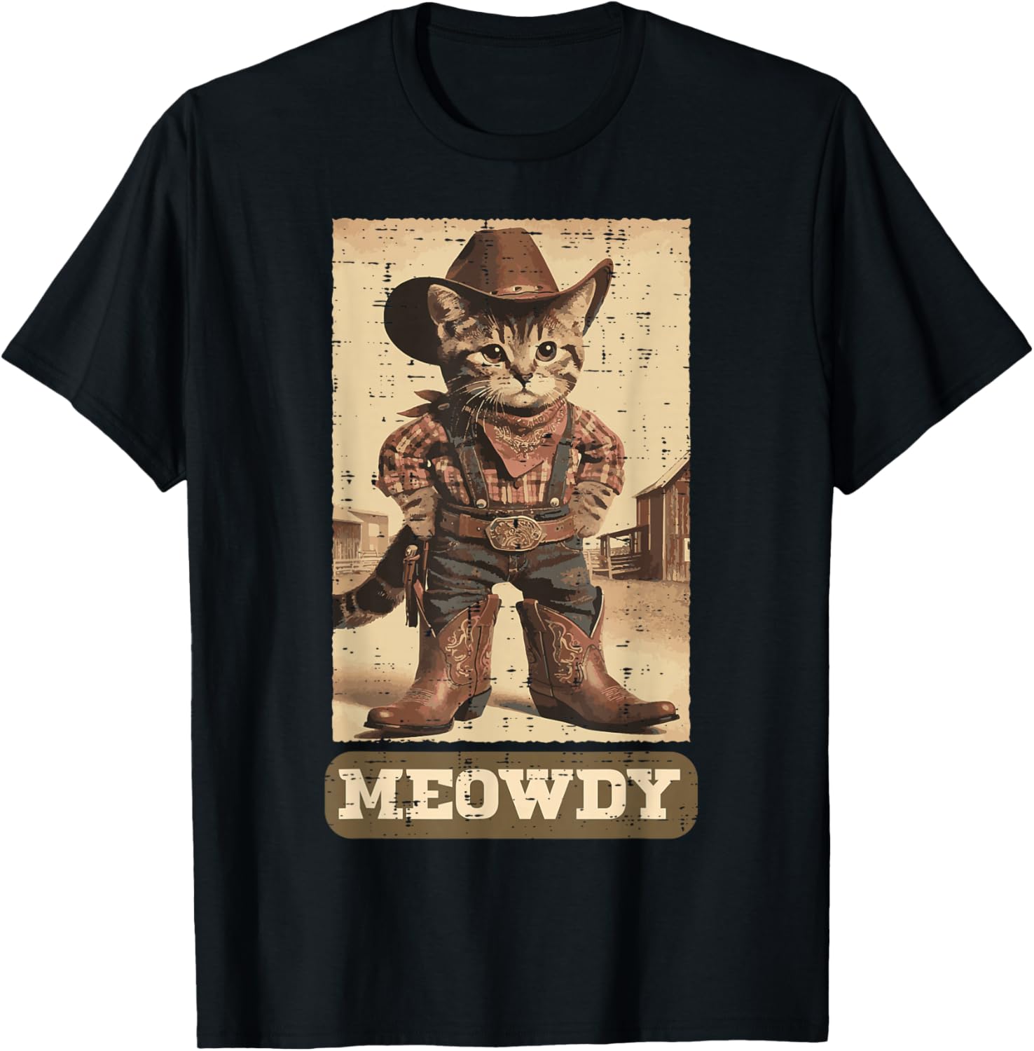 Cowboy Cat Meowdy Funny Kitten Pun Western Men Women Kids T-Shirt - T-Shirt | Black