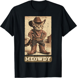 Cowboy Cat Meowdy Funny Kitten Pun Western Men Women Kids T-Shirt - T-Shirt | Black