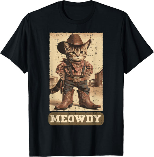 Cowboy Cat Meowdy Funny Kitten Pun Western Men Women Kids T-Shirt - T-Shirt | Black