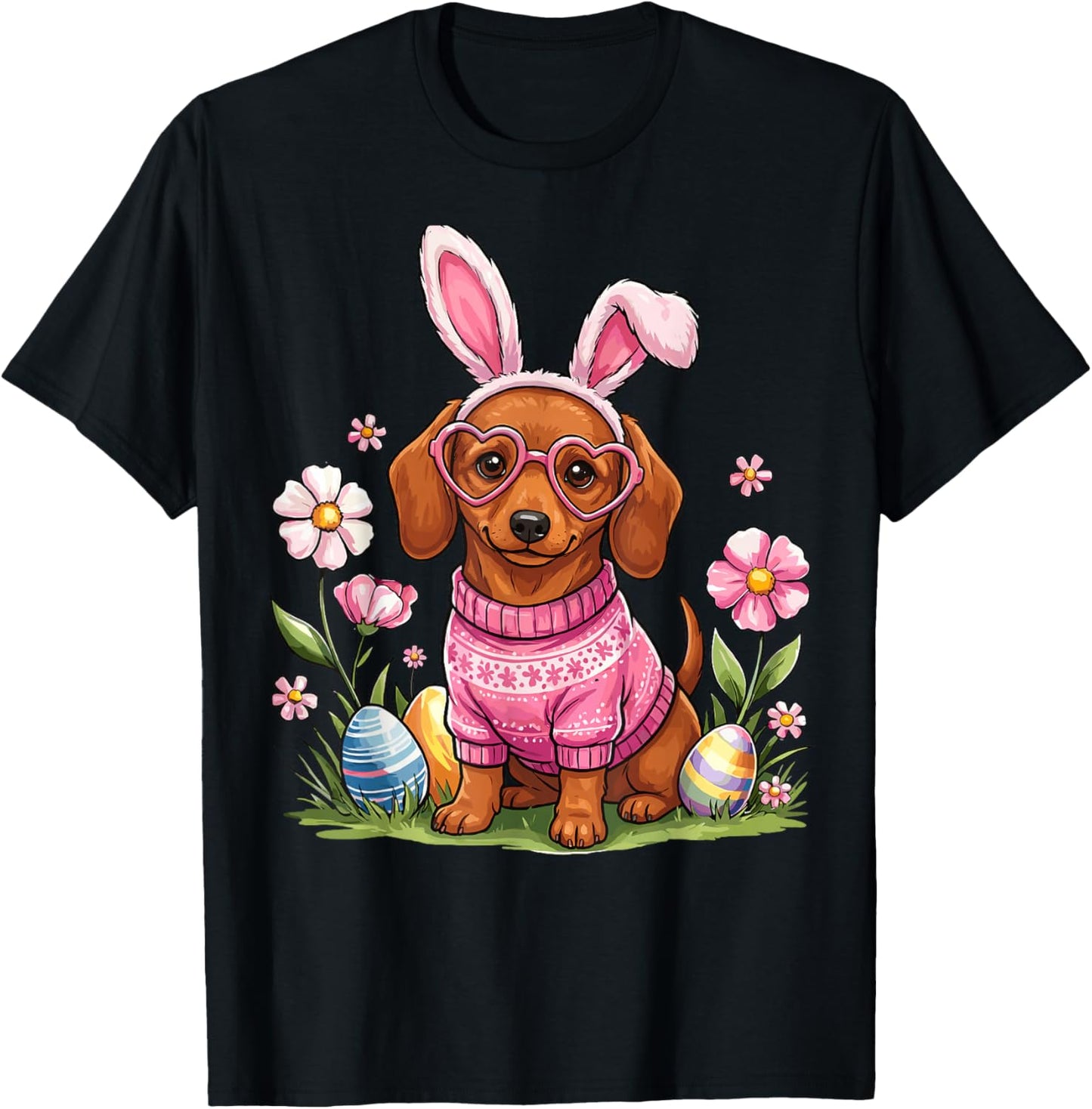 Easter Day Dachshund Dog Outfit Bunny Ears Egg & Basket Eggs T-Shirt - T-Shirt | Black