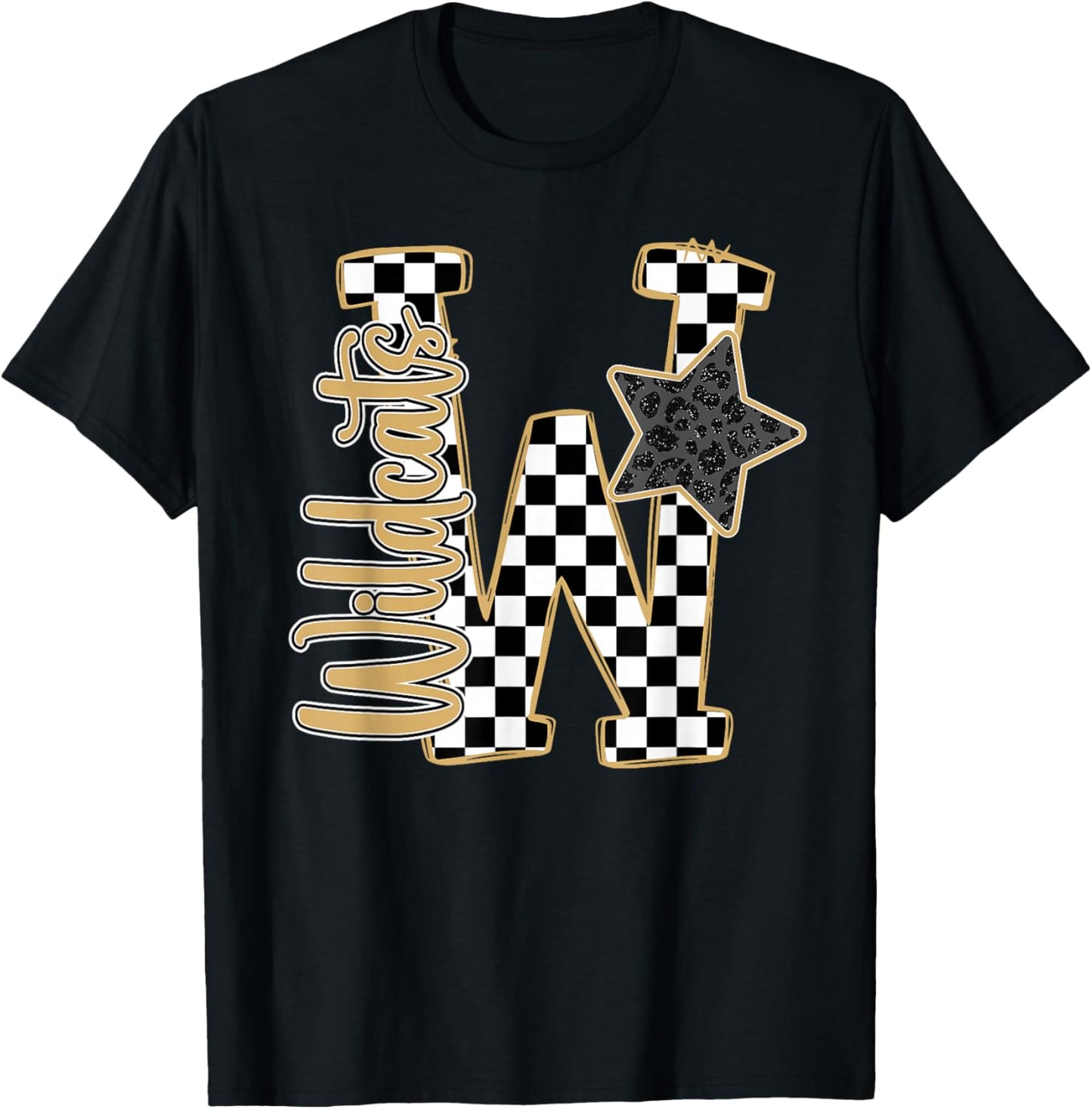 Gold Wildcats Checkered Print Star Leopard School Spirit T-Shirt - T-Shirt | Black