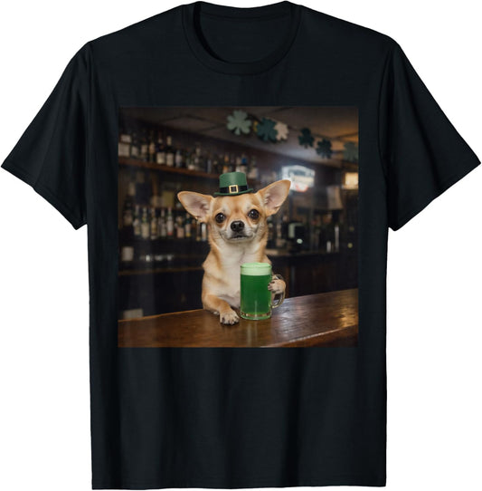 St Patricks Day Dog Chihuahua Drinking Beer Meme T-Shirt - T-Shirt | Black