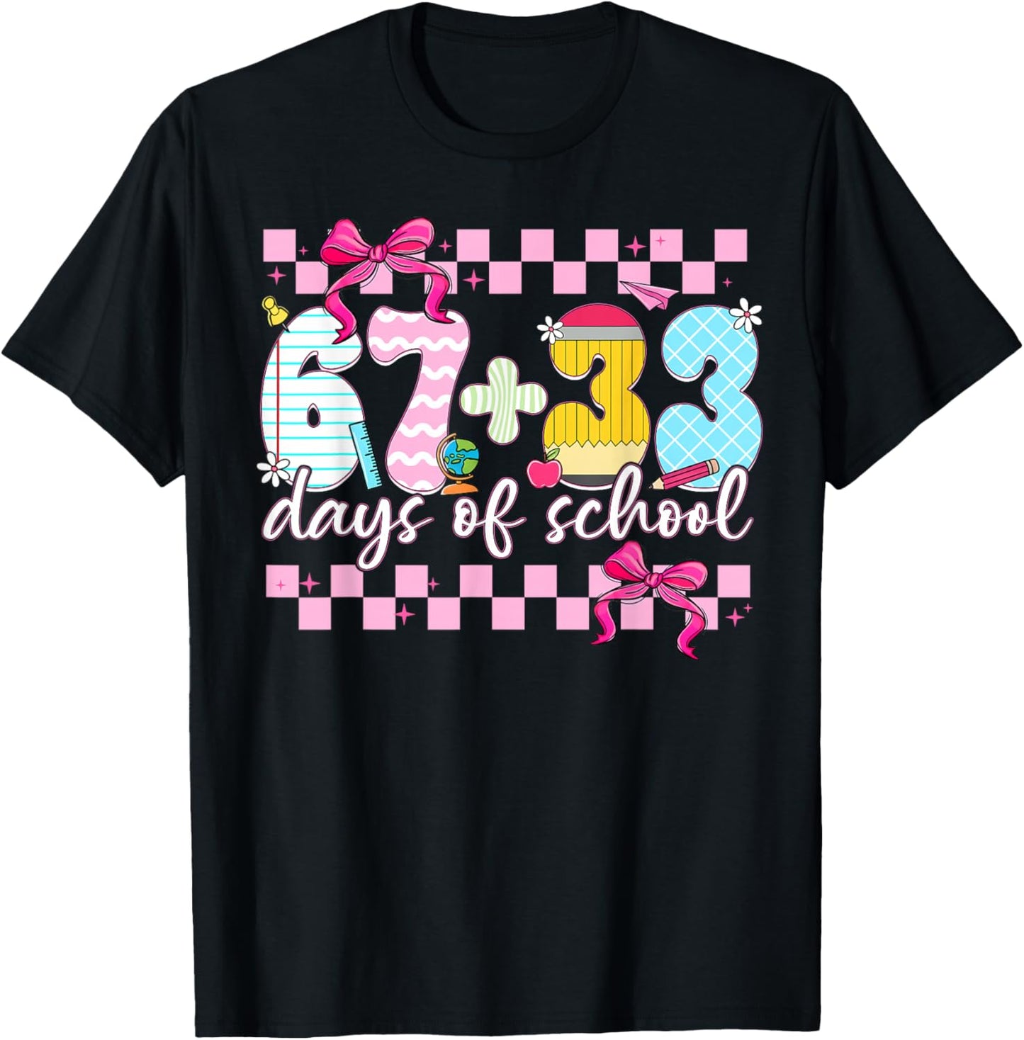 67 + 33 Days of School Cute Coquette Bow Girl Kid Teacher T-Shirt - T-Shirt | Black