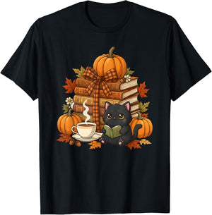 Thanksgiving Autumn Cat Reading Books Fall Vibes Women T-Shirt - T-Shirt | Black
