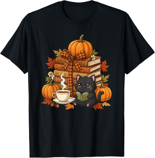 Thanksgiving Autumn Cat Reading Books Fall Vibes Women T-Shirt - T-Shirt | Black
