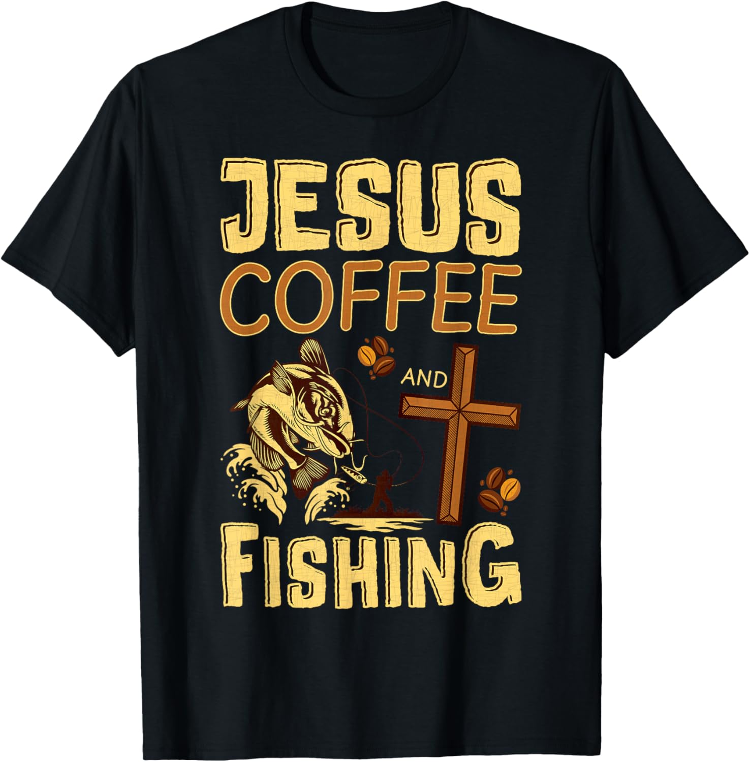 Jesus Coffee and Fishing Christian Fisher T-Shirt - T-Shirt | Black